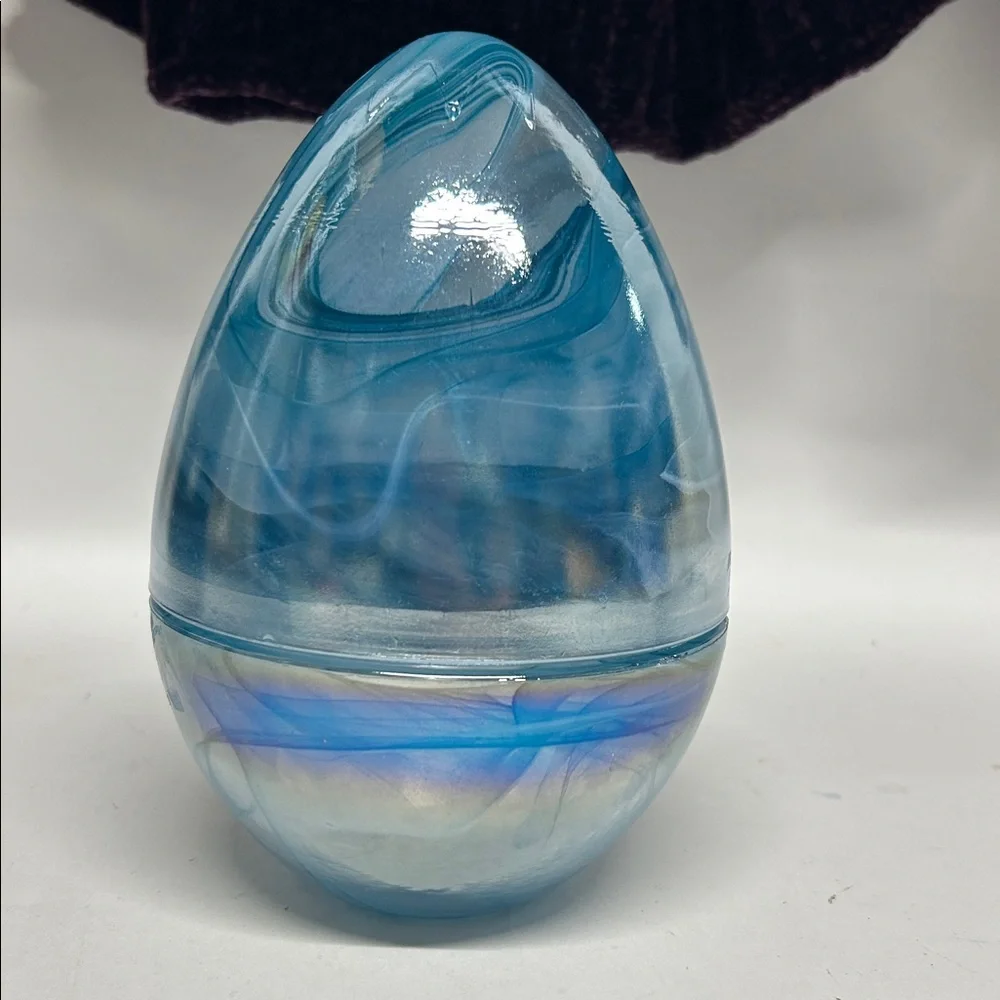 AKCAM TURKISH GLASS EASTER EGG BLUE MARBLED WATERCOLOR DECOR CANDY DISH - Picture 2 of 5